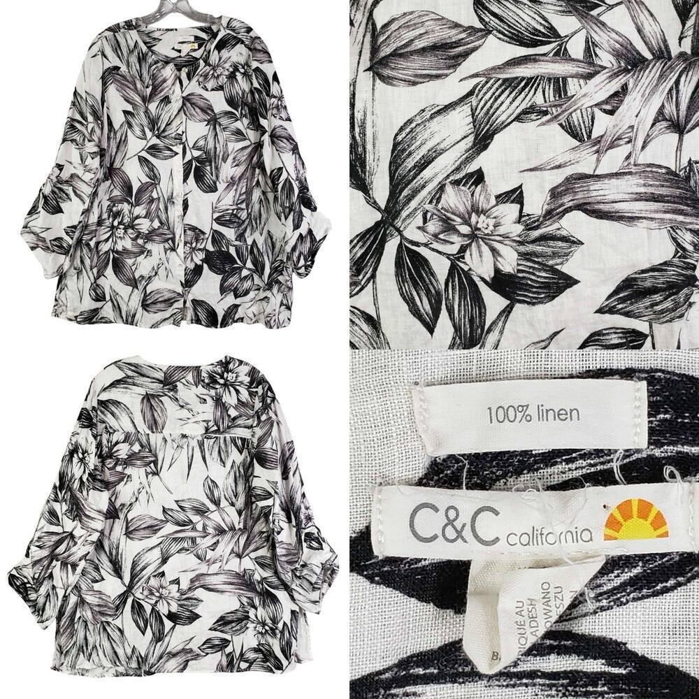 C&C California Shirt Womens Plus Size 1X Button Up Tropical Linen White Resort